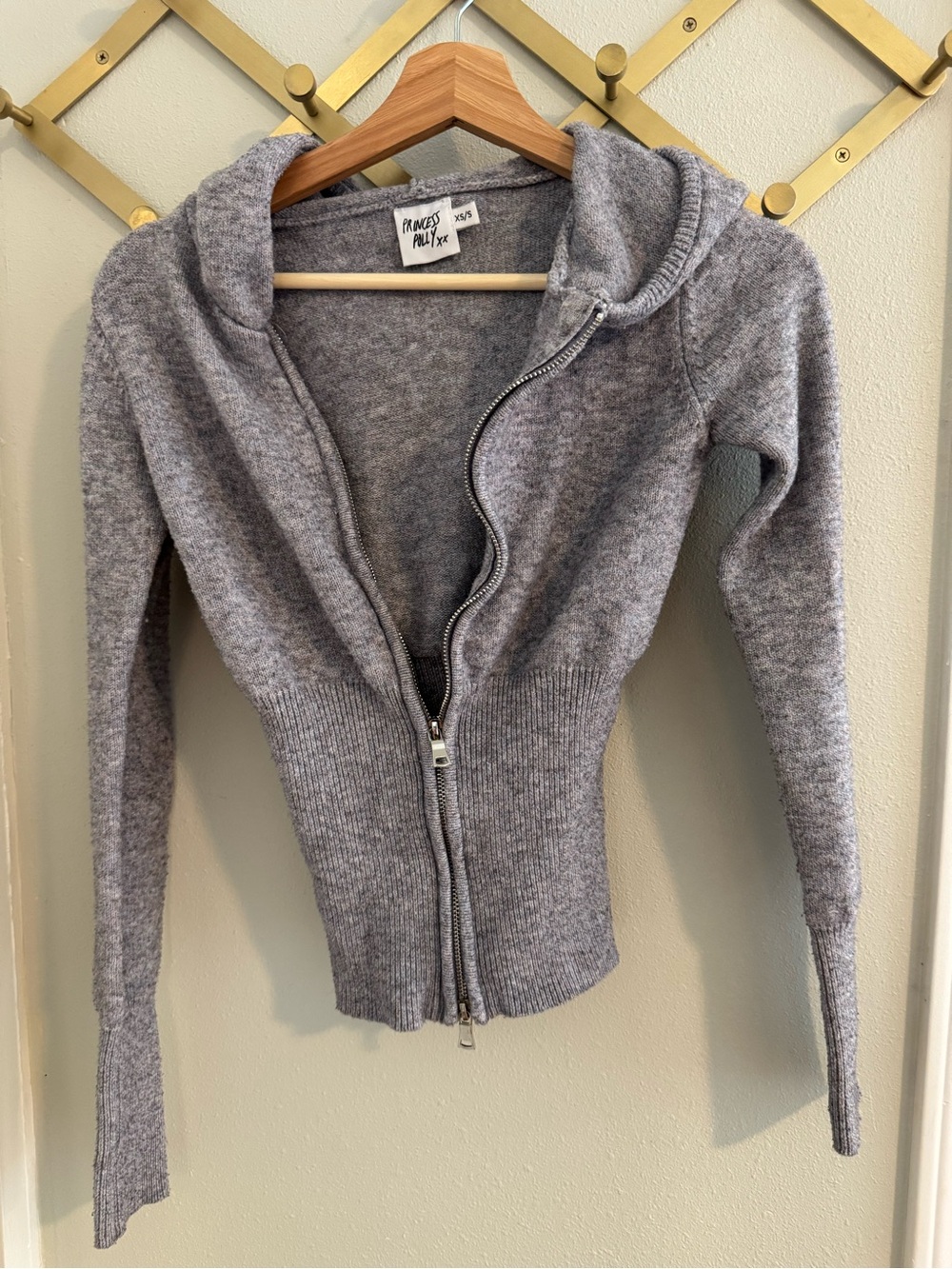 Princess Polly Zip-Up Hooded Knit Cardigan in purple/ Gray
